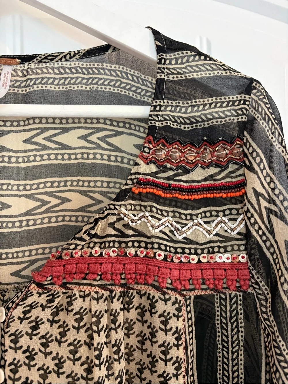 Free People Printed Mix-Pattern Tunic Top in Black, Cream & Red Accents